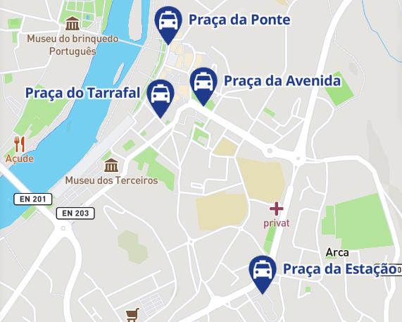 Mapa das praças de táxis em Ponte de Lima